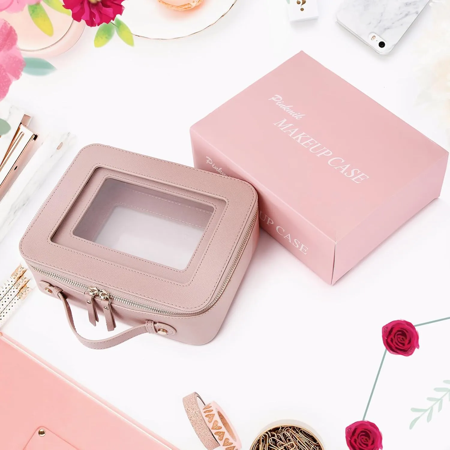 Clear Makeup Bag for Women Waterproof Travel Cosmetics and Toiletries Case Portable Makeup Oaganizer Bag Clear Car Bag with Zipper (Pink, L-1)