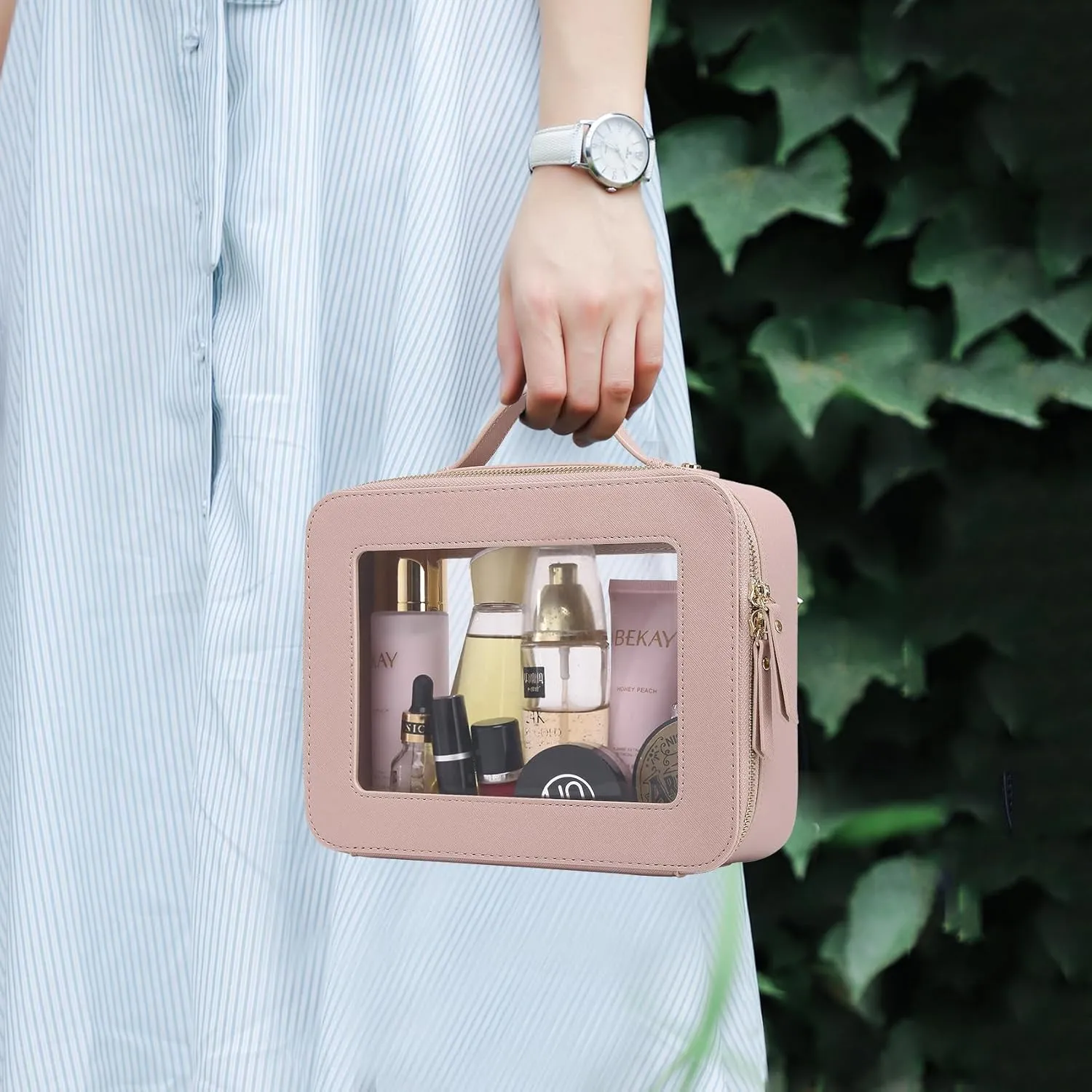 Clear Makeup Bag for Women Waterproof Travel Cosmetics and Toiletries Case Portable Makeup Oaganizer Bag Clear Car Bag with Zipper (Pink, L-1)