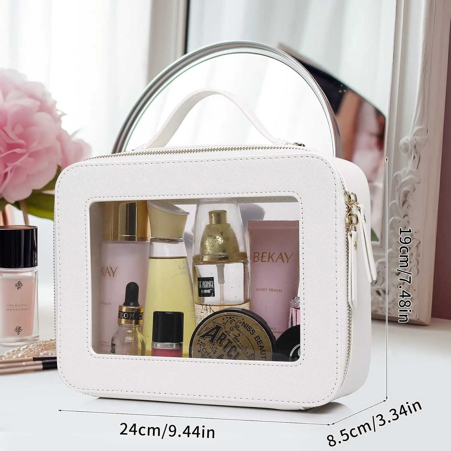 Clear Makeup Bag for Women Waterproof Travel Cosmetics and Toiletries Case Portable Makeup Oaganizer Bag Clear Car Bag with Zipper (White, L-1)