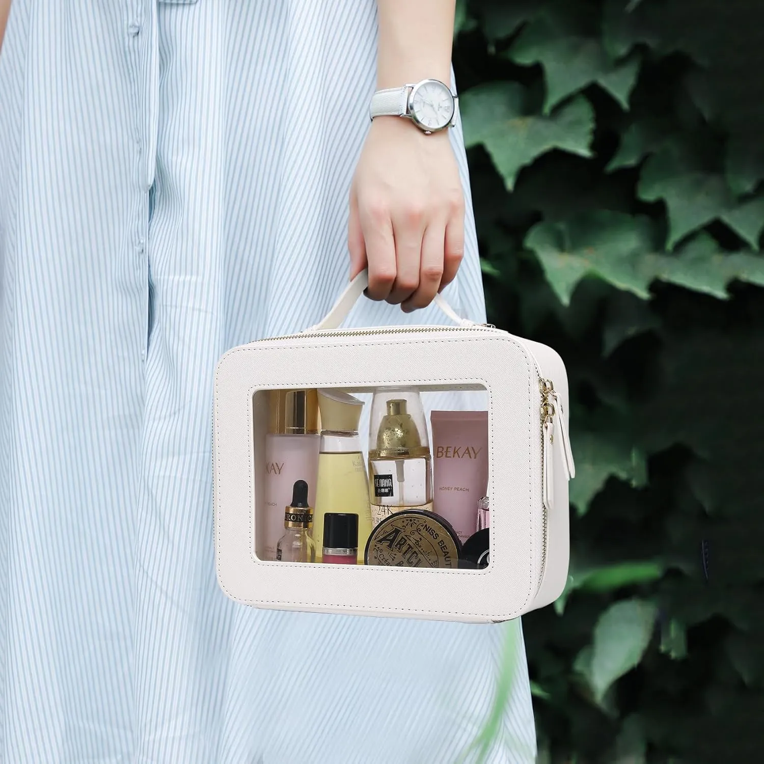 Clear Makeup Bag for Women Waterproof Travel Cosmetics and Toiletries Case Portable Makeup Oaganizer Bag Clear Car Bag with Zipper (White, L-1)
