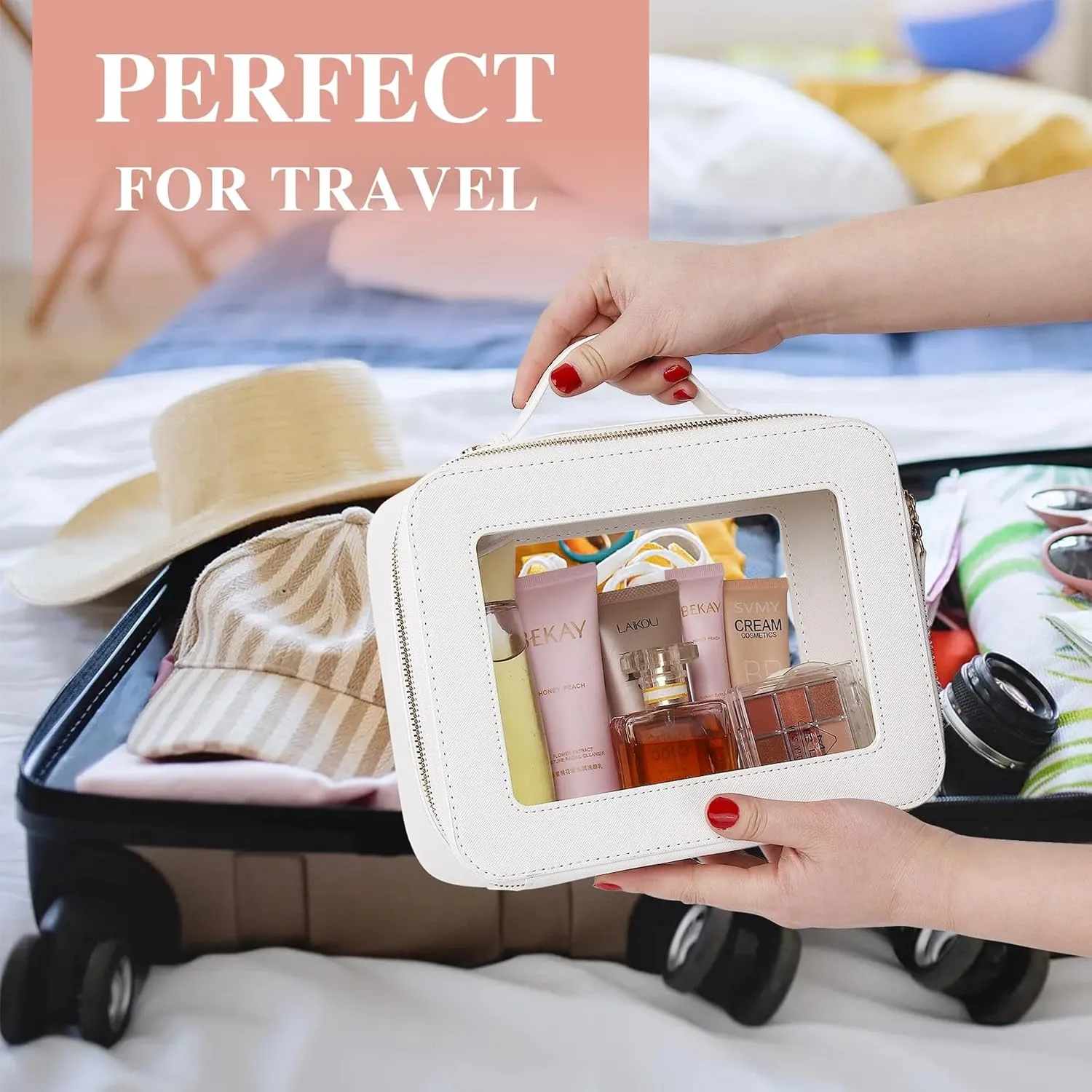 Clear Makeup Bag for Women Waterproof Travel Cosmetics and Toiletries Case Portable Makeup Oaganizer Bag Clear Car Bag with Zipper (White, L-1)