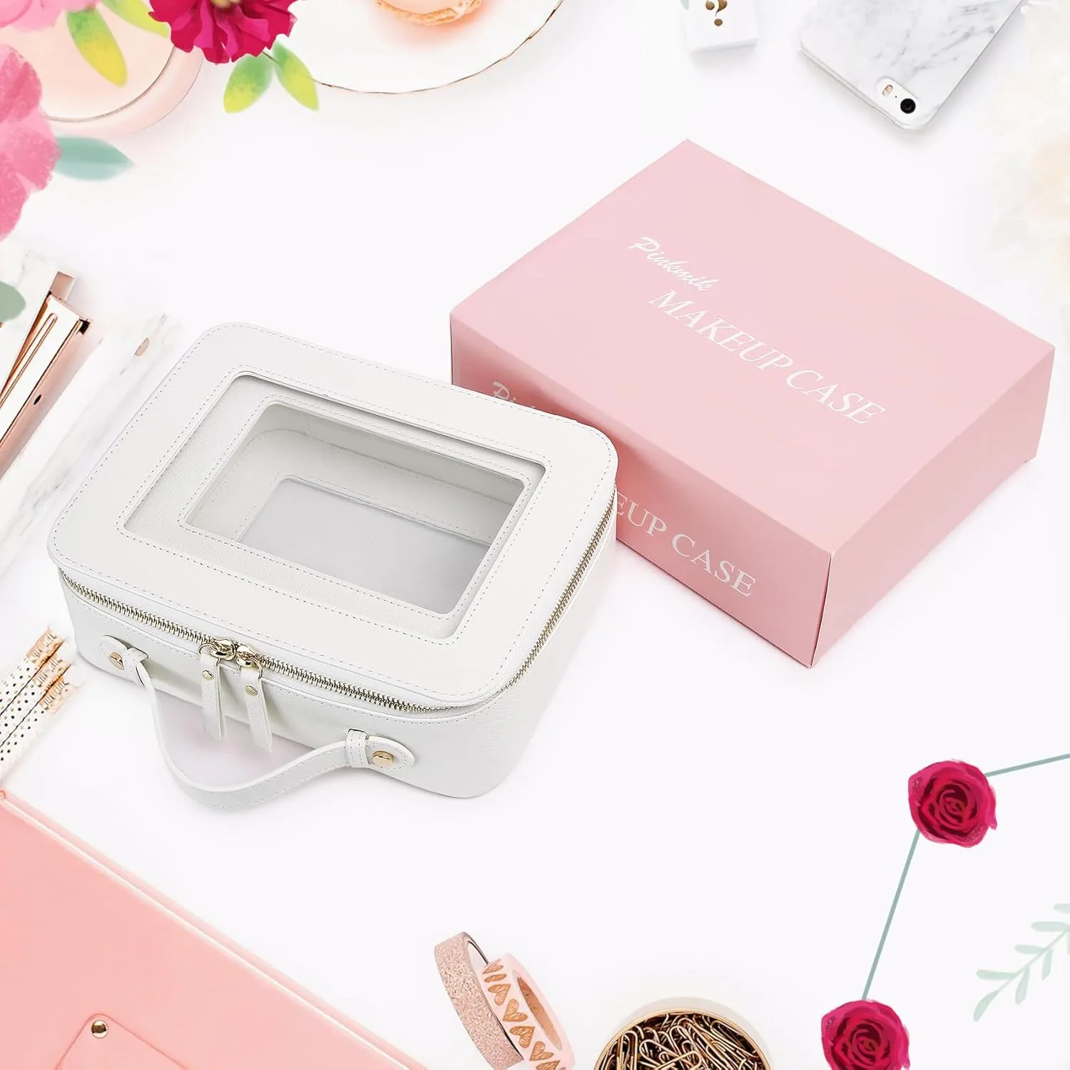 Clear Makeup Bag for Women Waterproof Travel Cosmetics and Toiletries Case Portable Makeup Oaganizer Bag Clear Car Bag with Zipper (White, L-1)