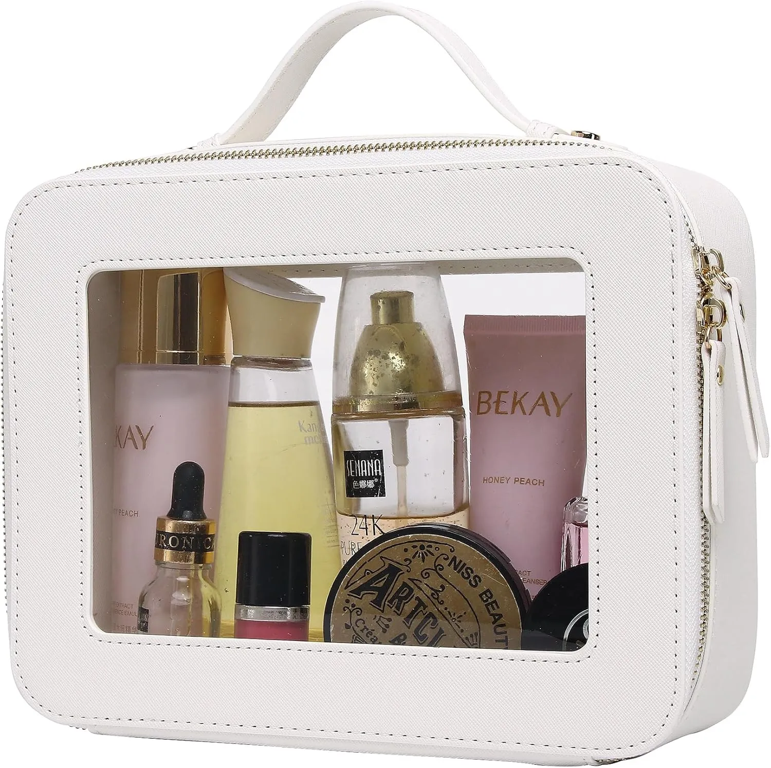 Clear Makeup Bag for Women Waterproof Travel Cosmetics and Toiletries Case Portable Makeup Oaganizer Bag Clear Car Bag with Zipper (White, L-1)