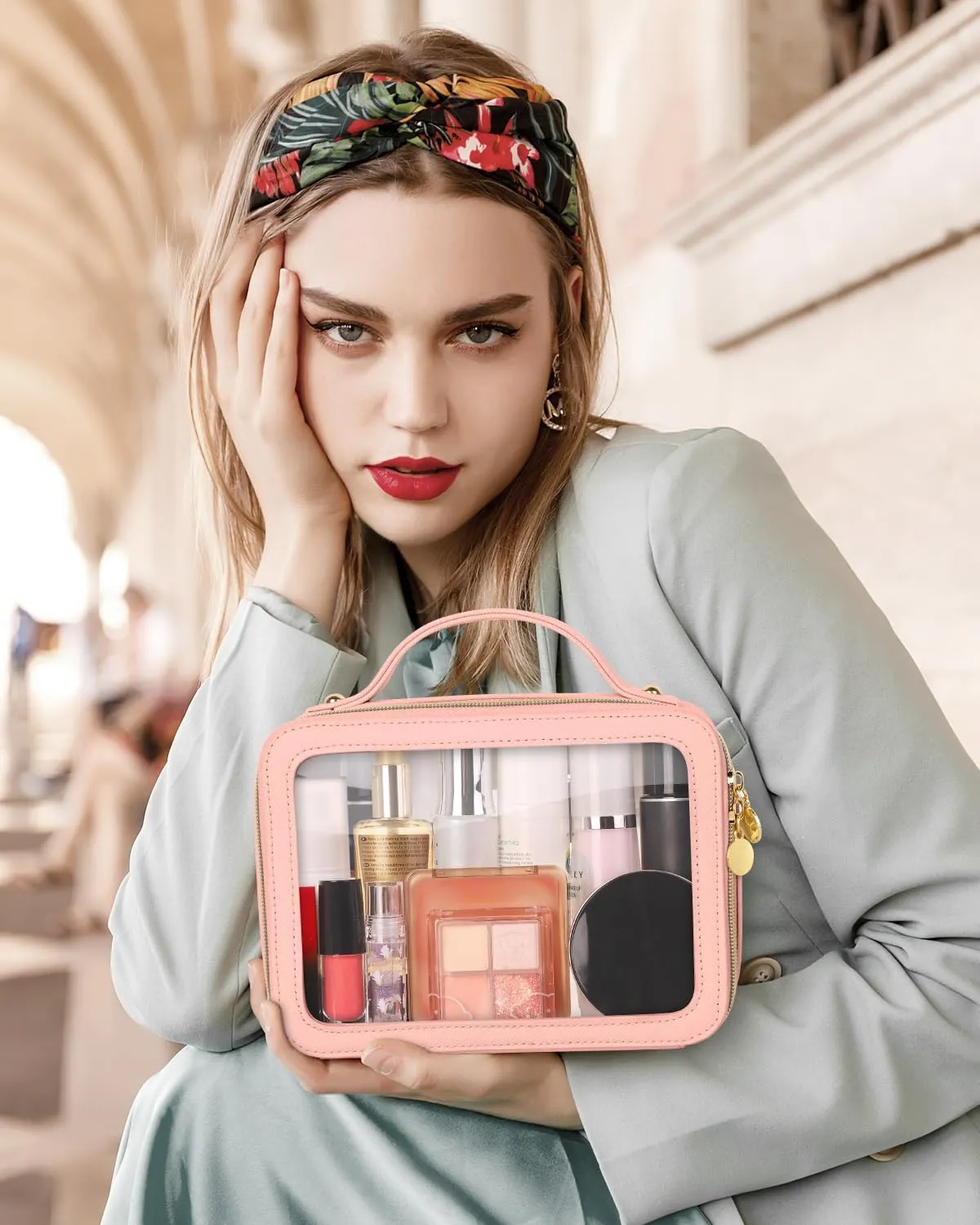 Clear Makeup Bag, Portable Travel Cosmetic Bags, Multipurpose Leather Toiletry Bag with Zipper, Waterproof Transparent Cosmetic Organizer for Women, Medium, Pink