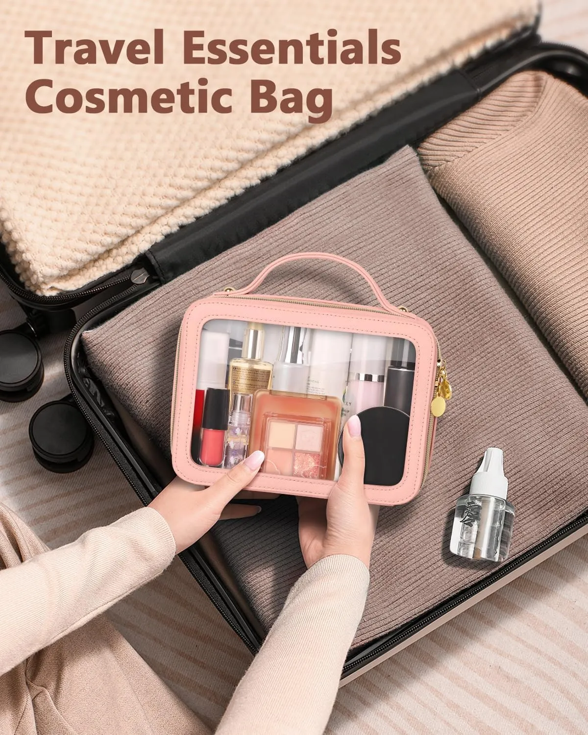 Clear Makeup Bag, Portable Travel Cosmetic Bags, Multipurpose Leather Toiletry Bag with Zipper, Waterproof Transparent Cosmetic Organizer for Women, Medium, Pink