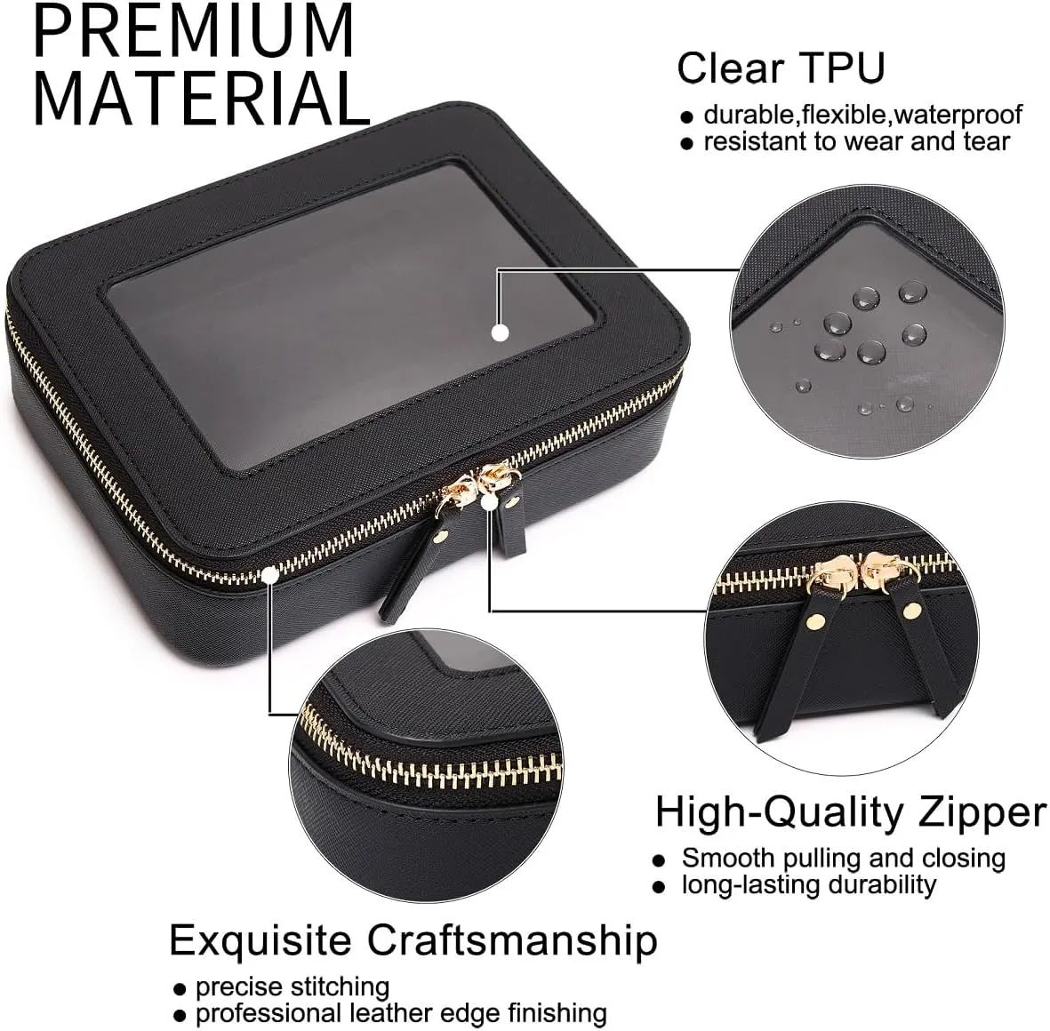 Clear Makeup Bag Transparent Travel Case for Cosmetics and Toiletries Women's Brush Bag and Clear Car Bag with Zipper (Black, M )