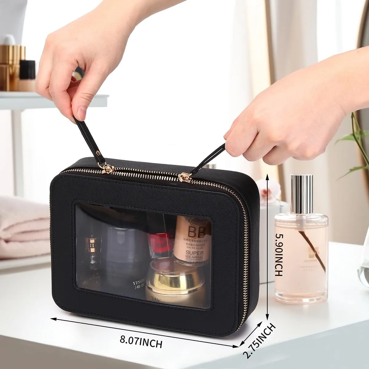 Clear Makeup Bag Transparent Travel Case for Cosmetics and Toiletries Women's Brush Bag and Clear Car Bag with Zipper (Black, M )