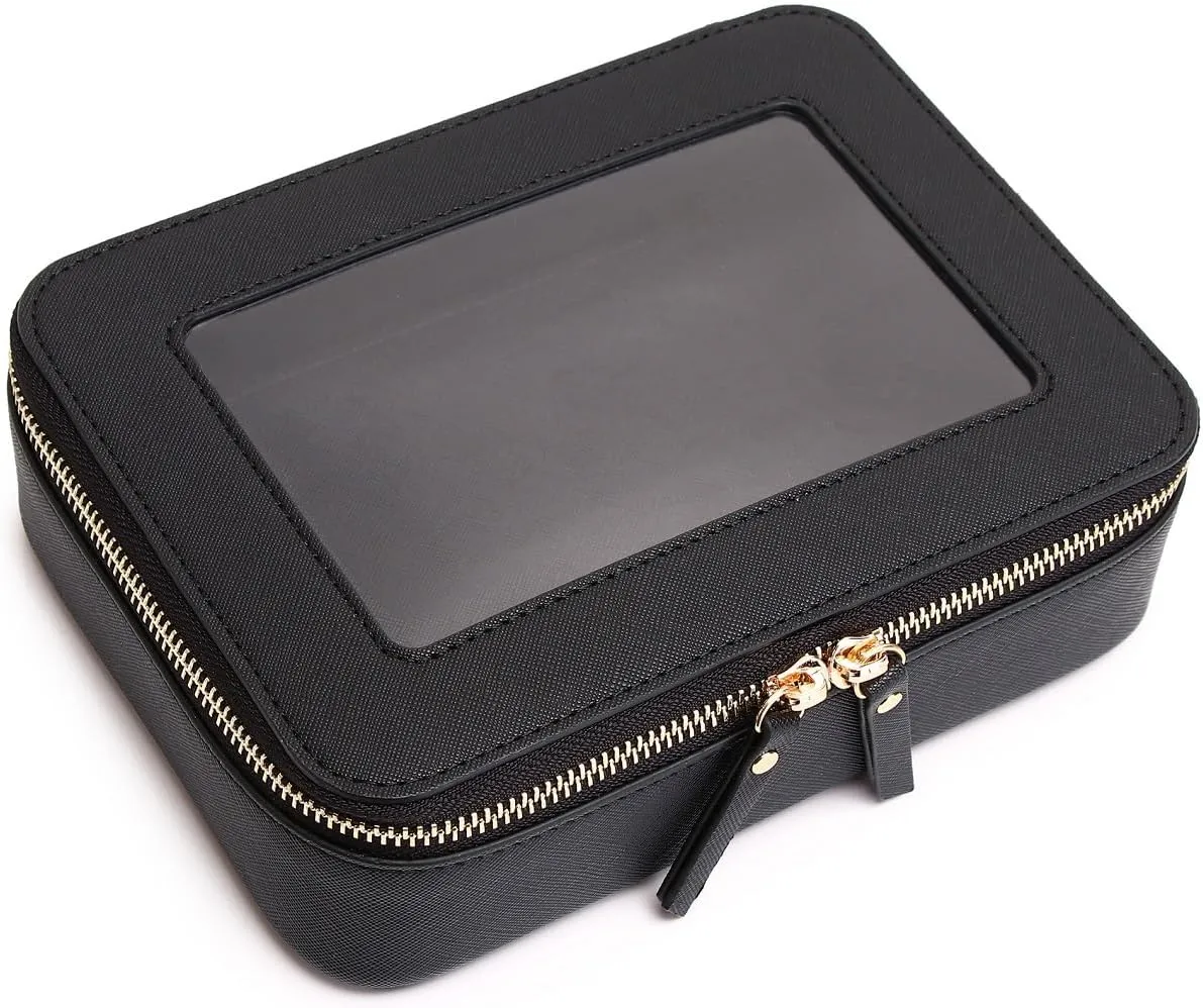 Clear Makeup Bag Transparent Travel Case for Cosmetics and Toiletries Women's Brush Bag and Clear Car Bag with Zipper (Black, M )
