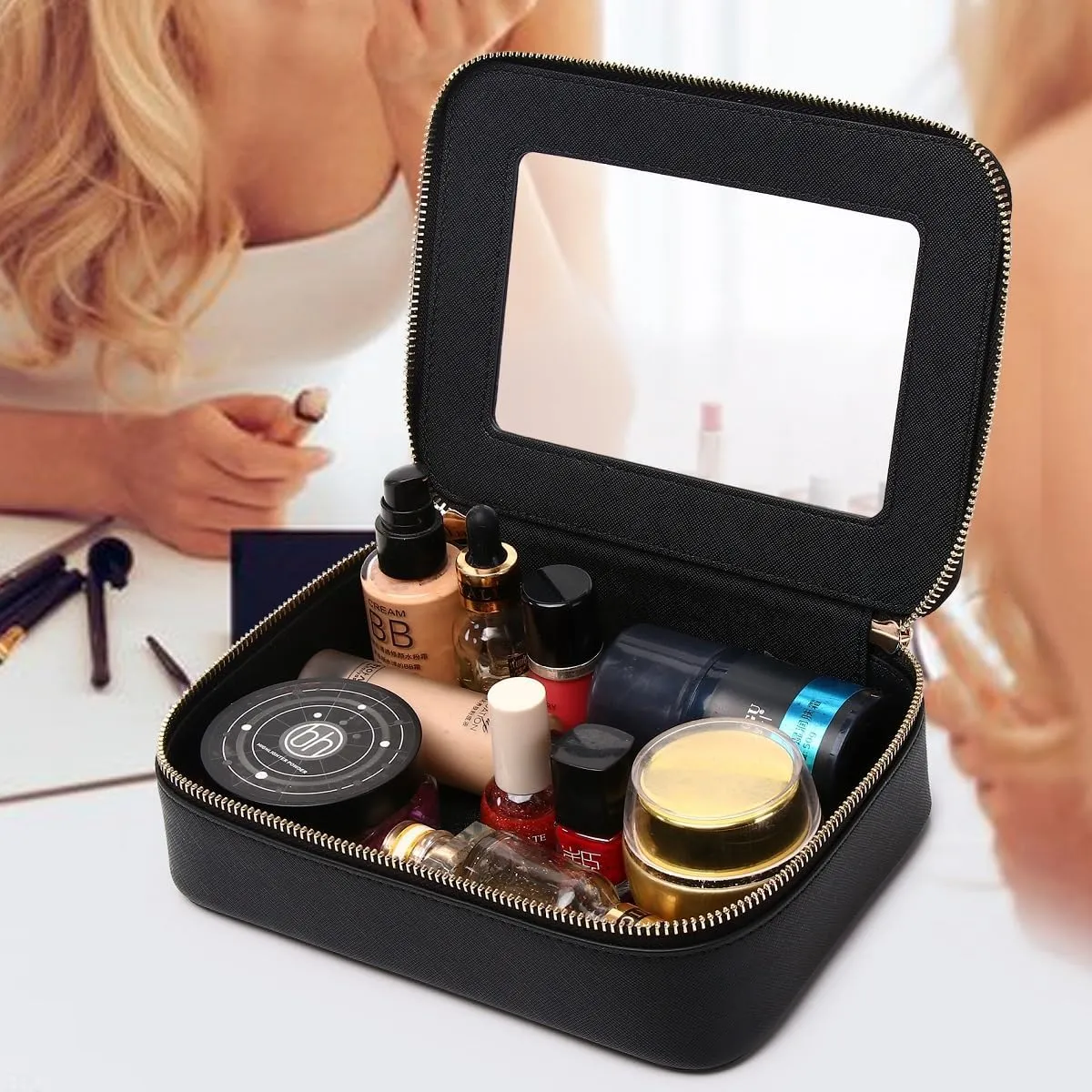 Clear Makeup Bag Transparent Travel Case for Cosmetics and Toiletries Women's Brush Bag and Clear Car Bag with Zipper (Black, M )