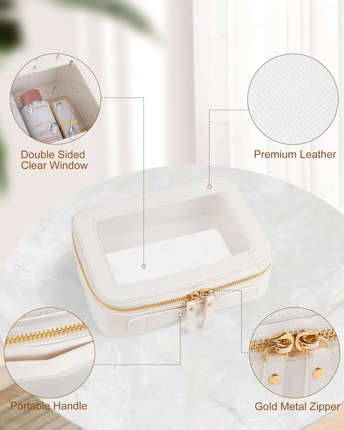 Clear Makeup Bag, Travel Toiletry Organizer with Zipper, Portable Leather Cosmetic Case with Handle, TSA Approved Transparent Make Up Storage Bags, Car Essentials for Women Gift (Medium White)