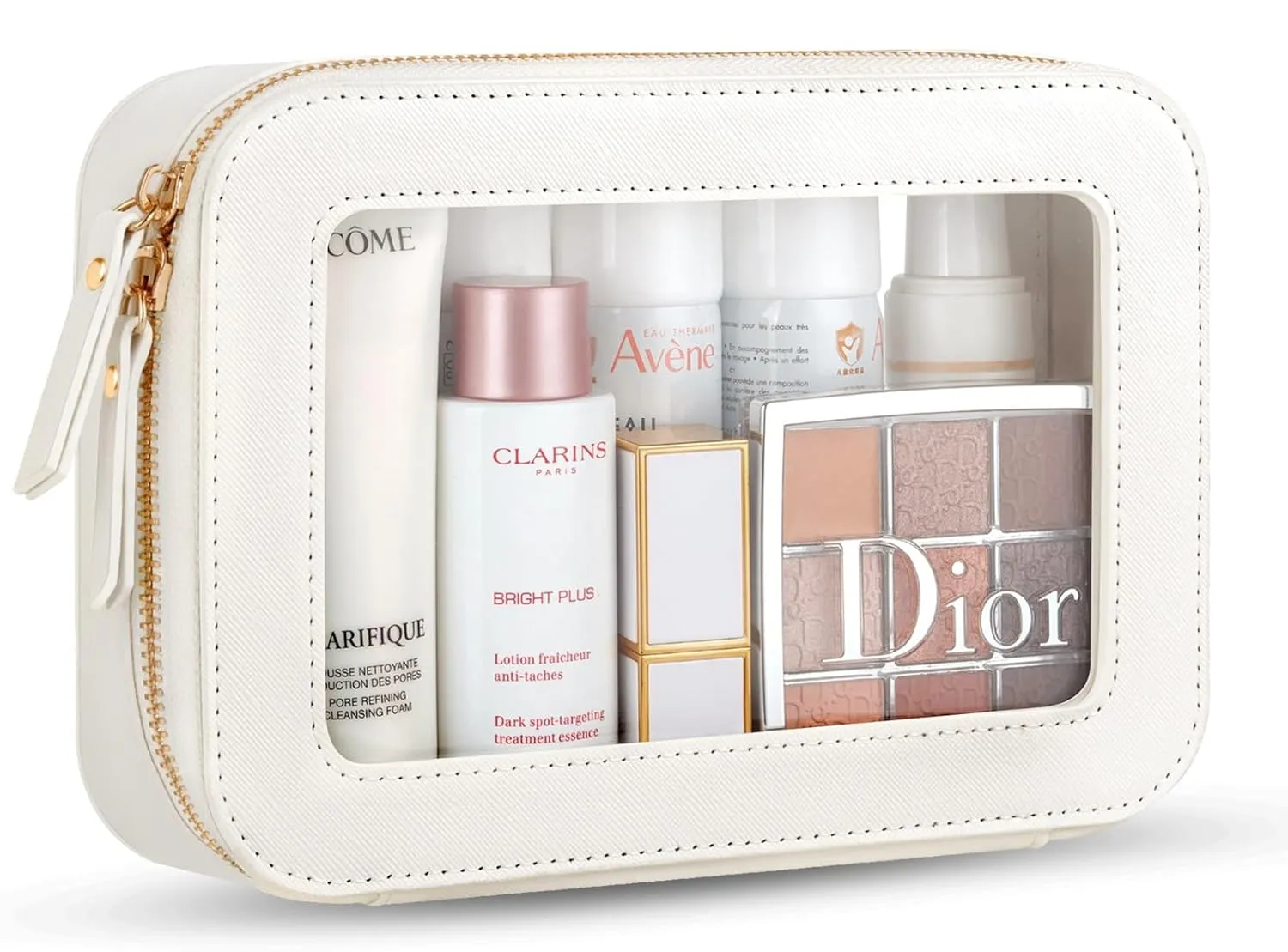 Clear Makeup Bag, Travel Toiletry Organizer with Zipper, Portable Leather Cosmetic Case with Handle, TSA Approved Transparent Make Up Storage Bags, Car Essentials for Women Gift (Medium White)