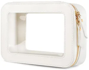 Clear Makeup Bag, Travel Toiletry Organizer with Zipper, Portable Leather Cosmetic Case with Handle, TSA Approved Transparent Make Up Storage Bags, Car Essentials for Women Gift (Medium White)