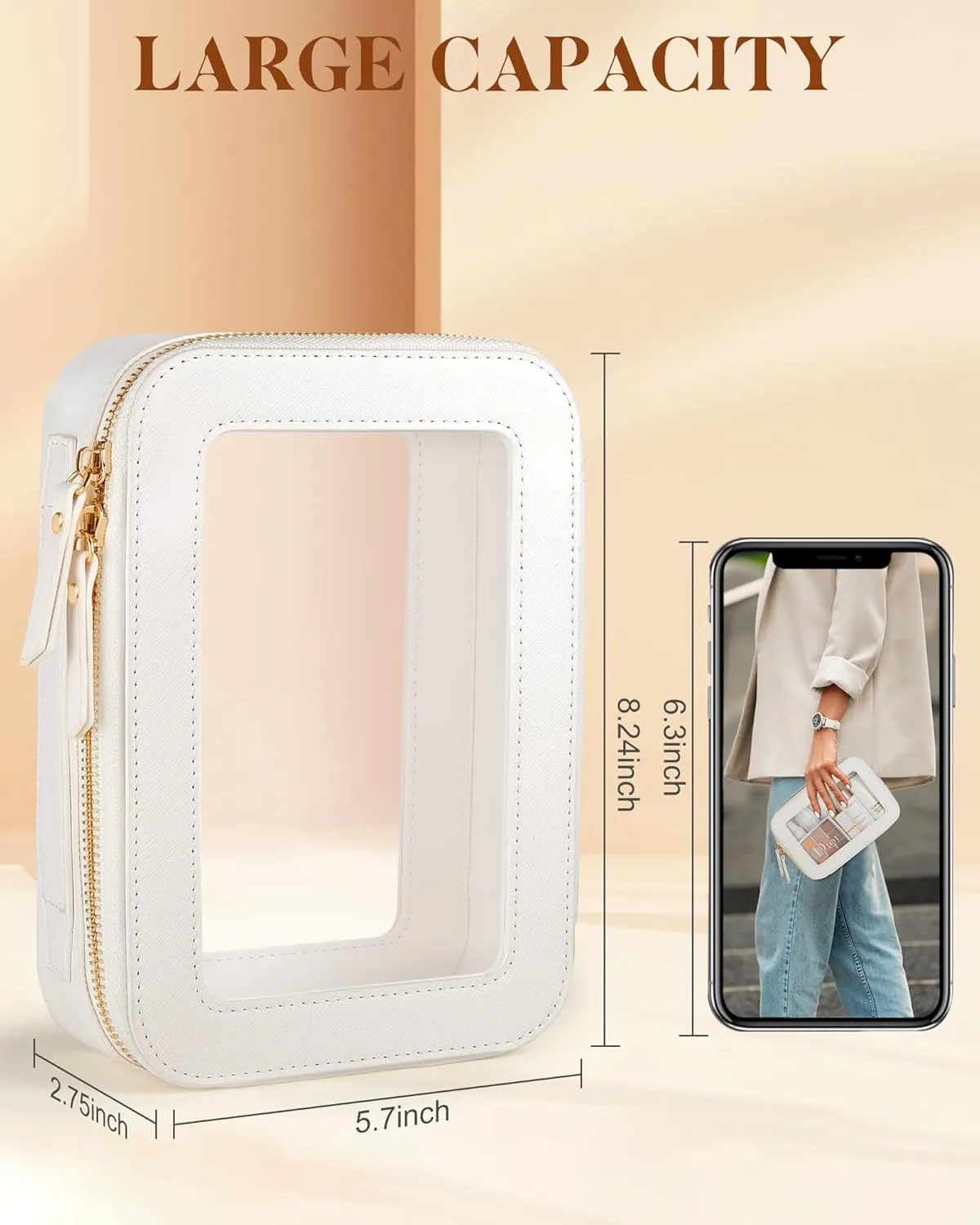 Clear Makeup Bag, Travel Toiletry Organizer with Zipper, Portable Leather Cosmetic Case with Handle, TSA Approved Transparent Make Up Storage Bags, Car Essentials for Women Gift (Medium White)