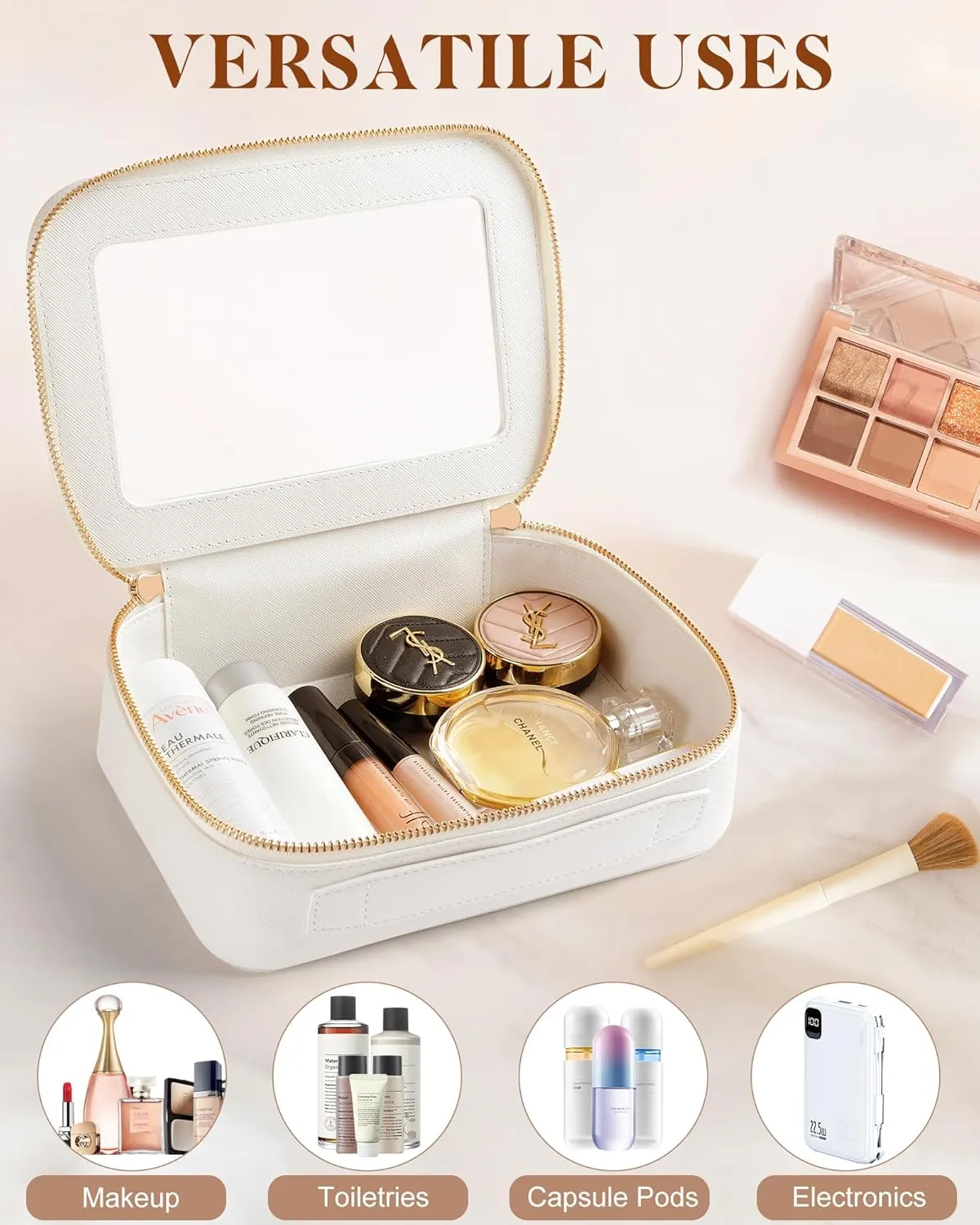 Clear Makeup Bag, Travel Toiletry Organizer with Zipper, Portable Leather Cosmetic Case with Handle, TSA Approved Transparent Make Up Storage Bags, Car Essentials for Women Gift (Medium White)