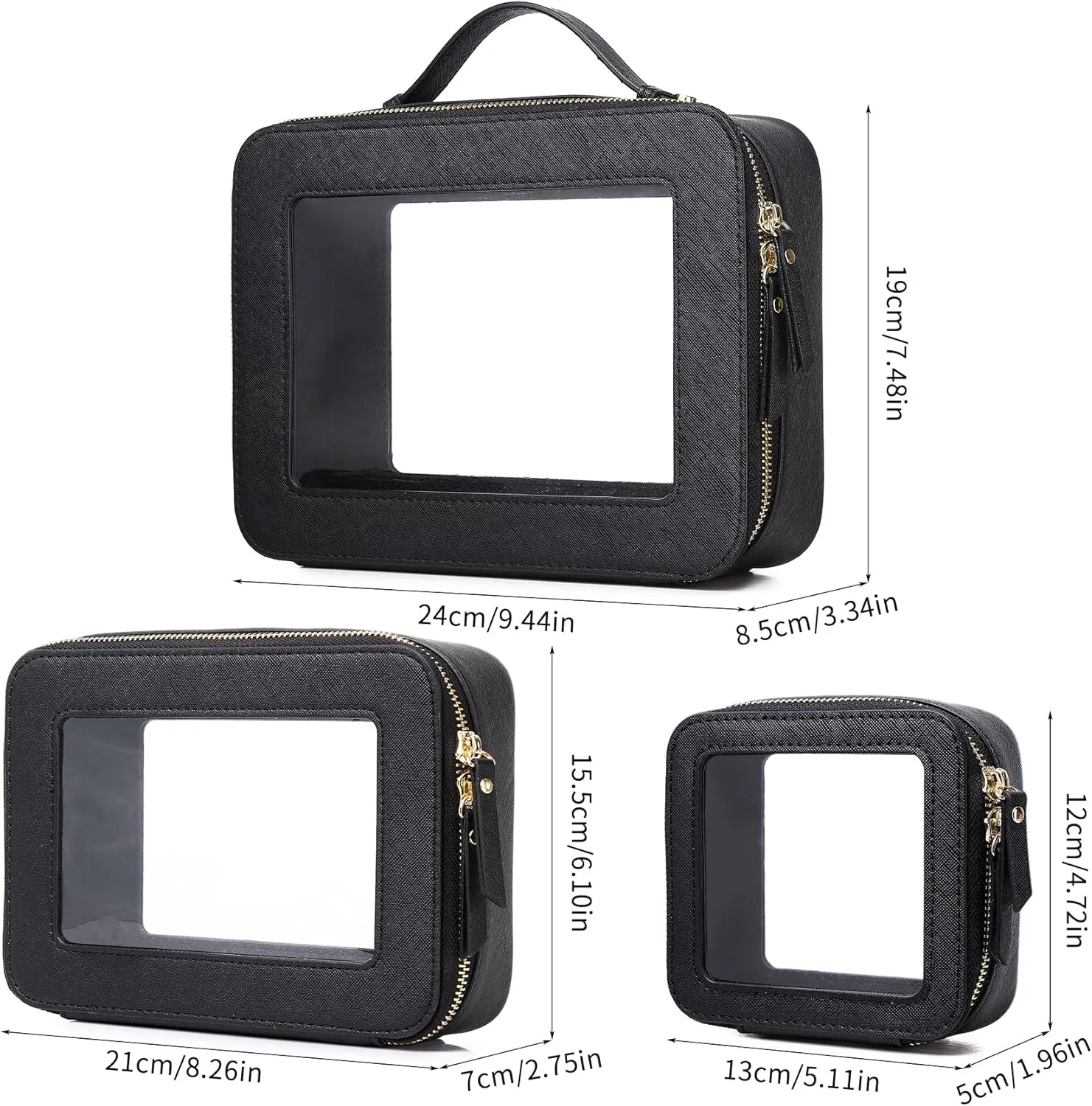 Clear Makeup Bag Waterproof Travel Case for Cosmetics and Toiletries Women's Purse Organizer and Clear Car Bag with Zipper (Black, L M MINI)