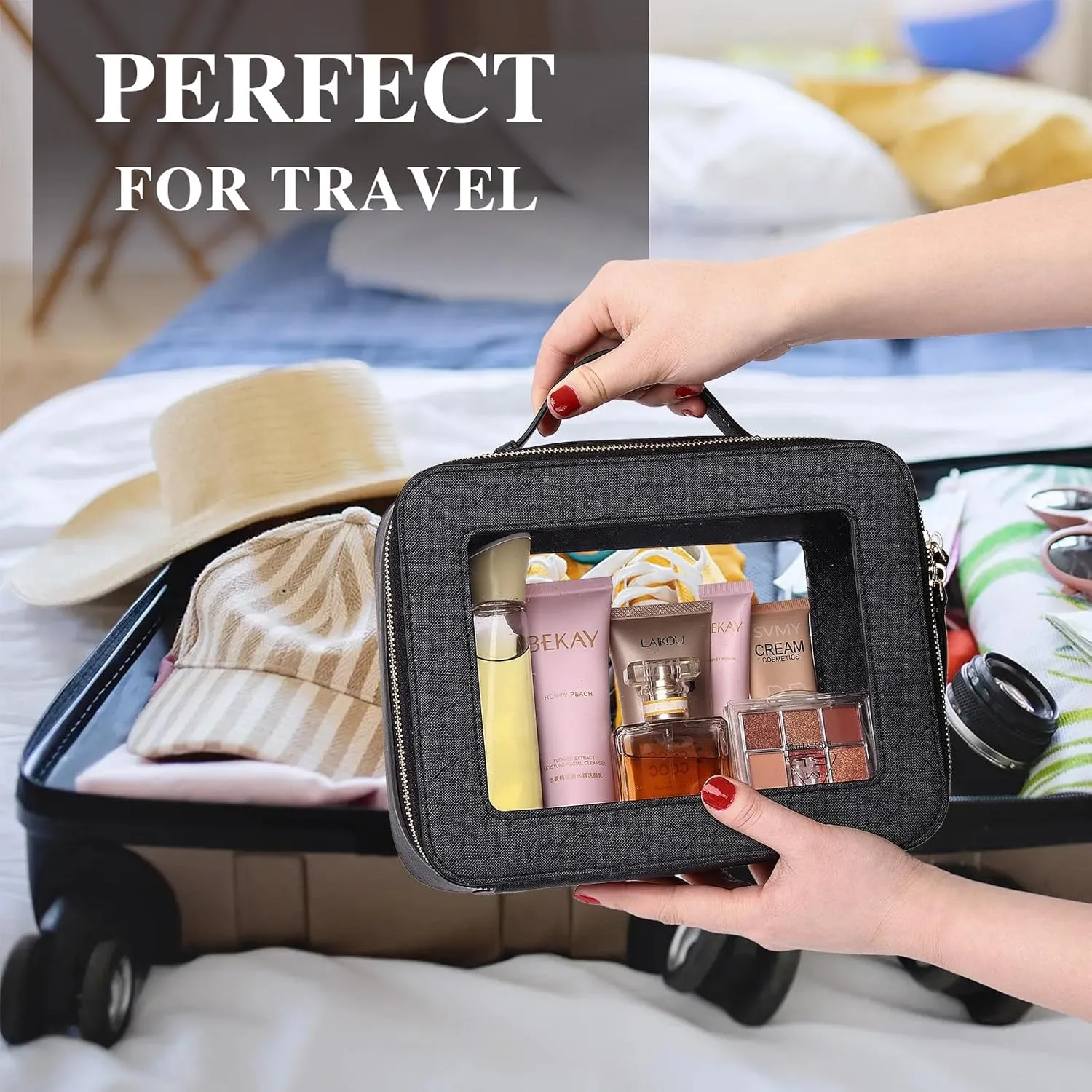 Clear Makeup Bag Waterproof Travel Case for Cosmetics and Toiletries Women's Purse Organizer and Clear Car Bag with Zipper (Black, L M MINI)