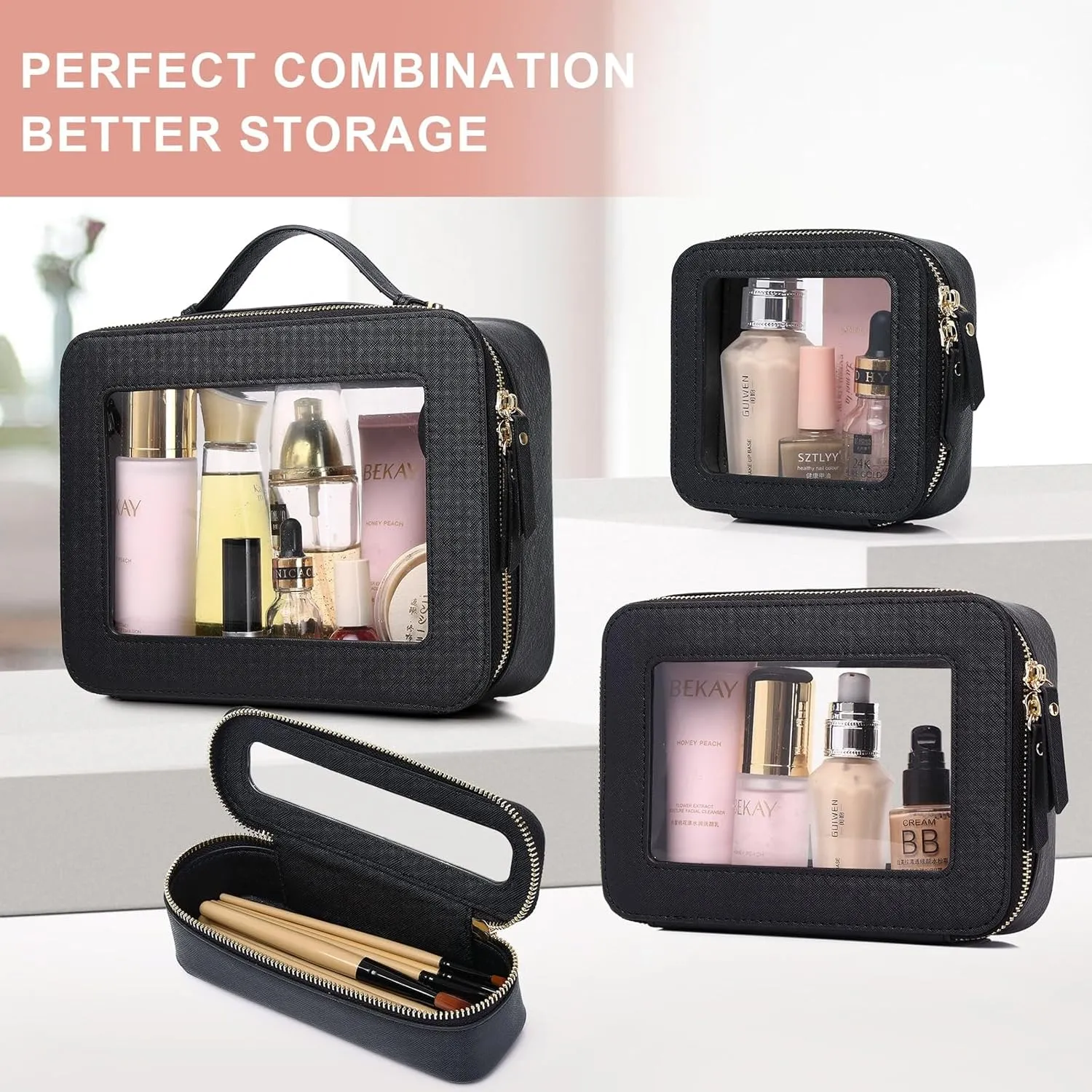 Clear Makeup Bag Waterproof Travel Case for Cosmetics and Toiletries Women's Purse Organizer and Clear Car Bag with Zipper (Black, L M MINI)