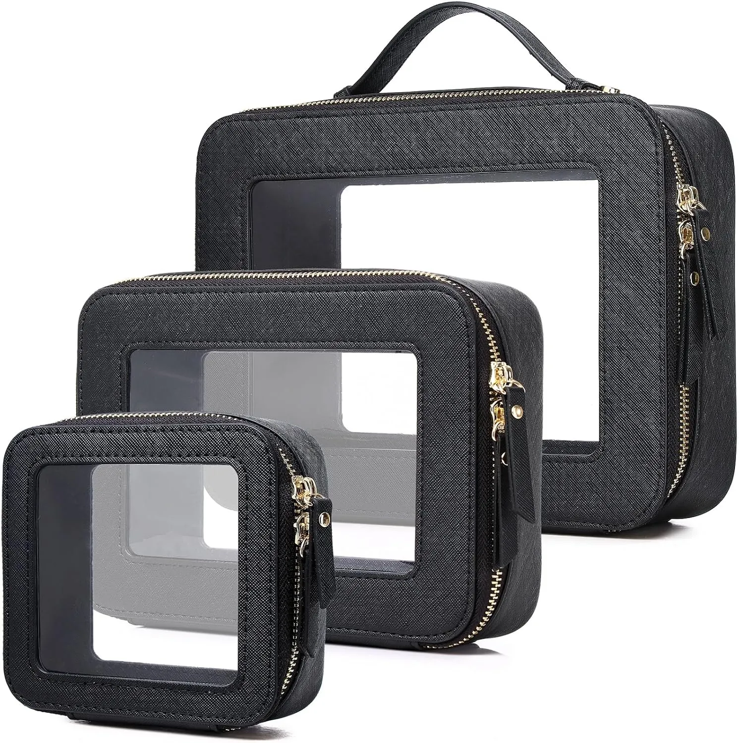 Clear Makeup Bag Waterproof Travel Case for Cosmetics and Toiletries Women's Purse Organizer and Clear Car Bag with Zipper (Black, L M MINI)