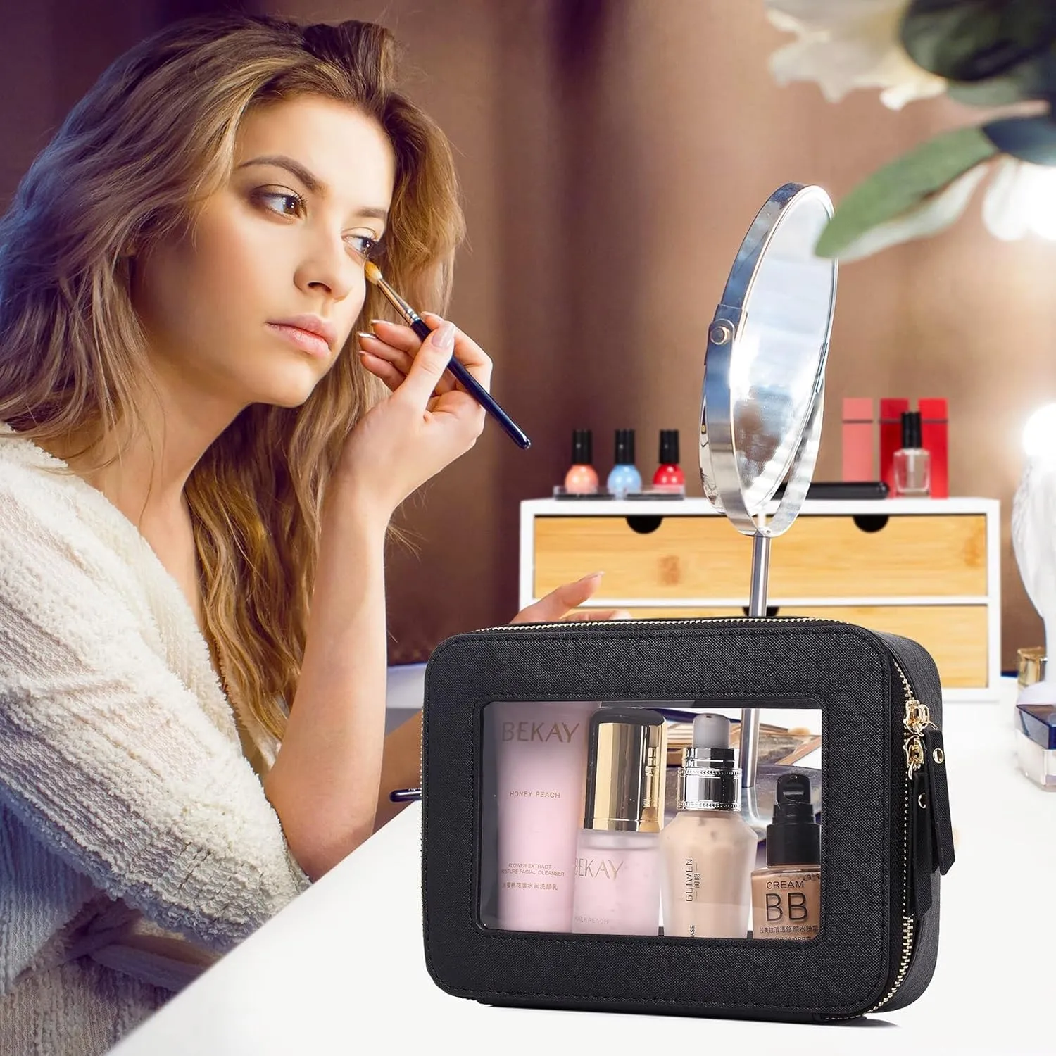 Clear Makeup Bag Waterproof Travel Case for Cosmetics and Toiletries Women's Purse Organizer and Clear Car Bag with Zipper (Black, L M MINI)