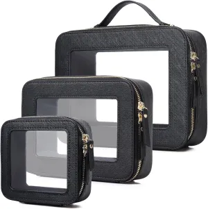 Clear Makeup Bag Waterproof Travel Case for Cosmetics and Toiletries Women's Purse Organizer and Clear Car Bag with Zipper (Black, L M MINI)