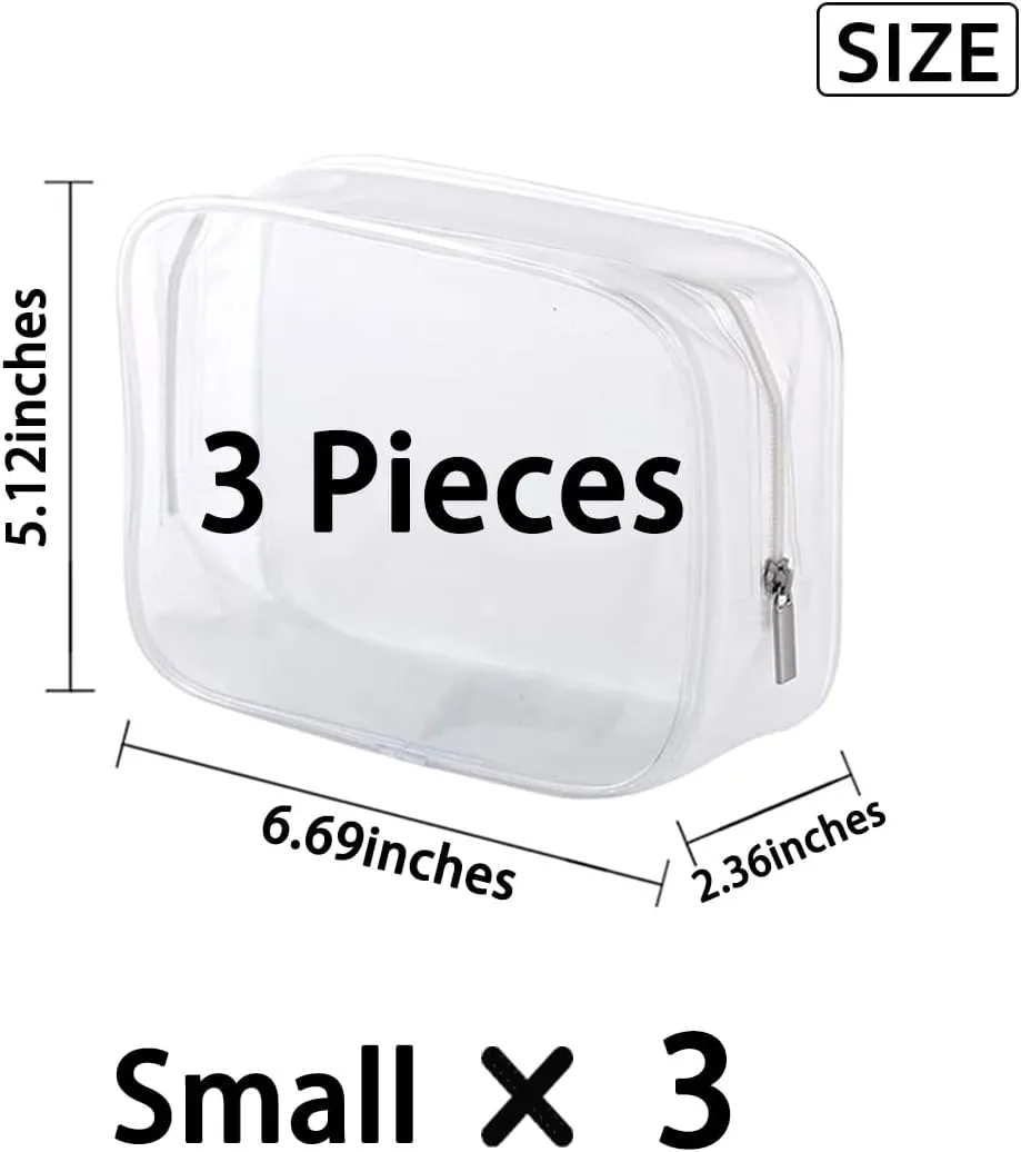 Clear Plastic Zippered Toiletry Carry Pouch TSA Approved Toiletry Bag Portable Cosmetic Makeup Bag for Vacation, Bathroom and Organizing (White 3Pcs, Small)
