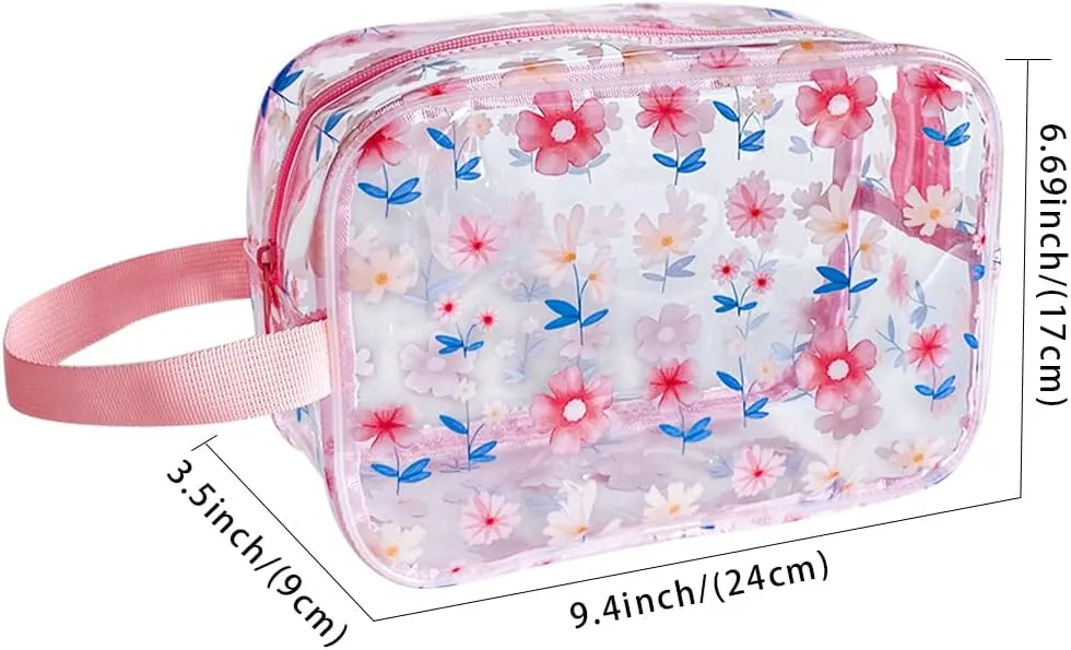 Clear Printed Floral Cosmetic Bag 10x4x7 inch Travel Pouch with Wrist Handle-Durable PVC Material,Versatile,Zipper Design For Travel Essentials (Pink Floral#2-M)