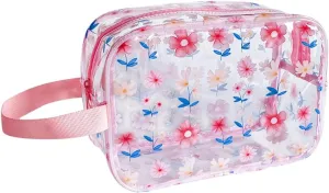 Clear Printed Floral Cosmetic Bag 10x4x7 inch Travel Pouch with Wrist Handle-Durable PVC Material,Versatile,Zipper Design For Travel Essentials (Pink Floral#2-M)