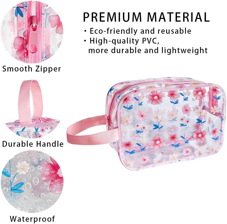 Clear Printed Floral Cosmetic Bag 10x4x7 inch Travel Pouch with Wrist Handle-Durable PVC Material,Versatile,Zipper Design For Travel Essentials (Pink Floral#2-M)