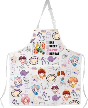 CMNIM Bangtan B-ys Merch Eat Sleep K-Pop Repeat Kitchen Apron Kpop Army Gifts Boy Group Gifts for Kpop Fans Cooking Apron