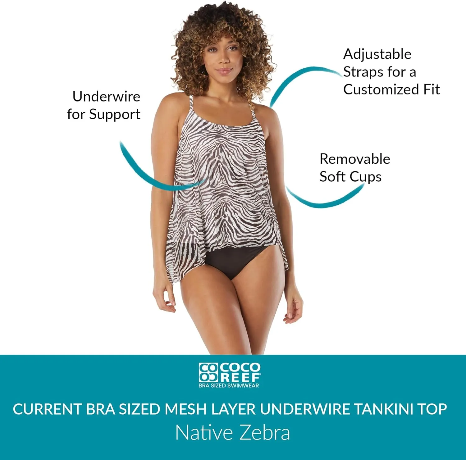 COCO REEF Current Bra Sized Mesh Layer Underwire Tankini Top — Women's Swim Suit Top