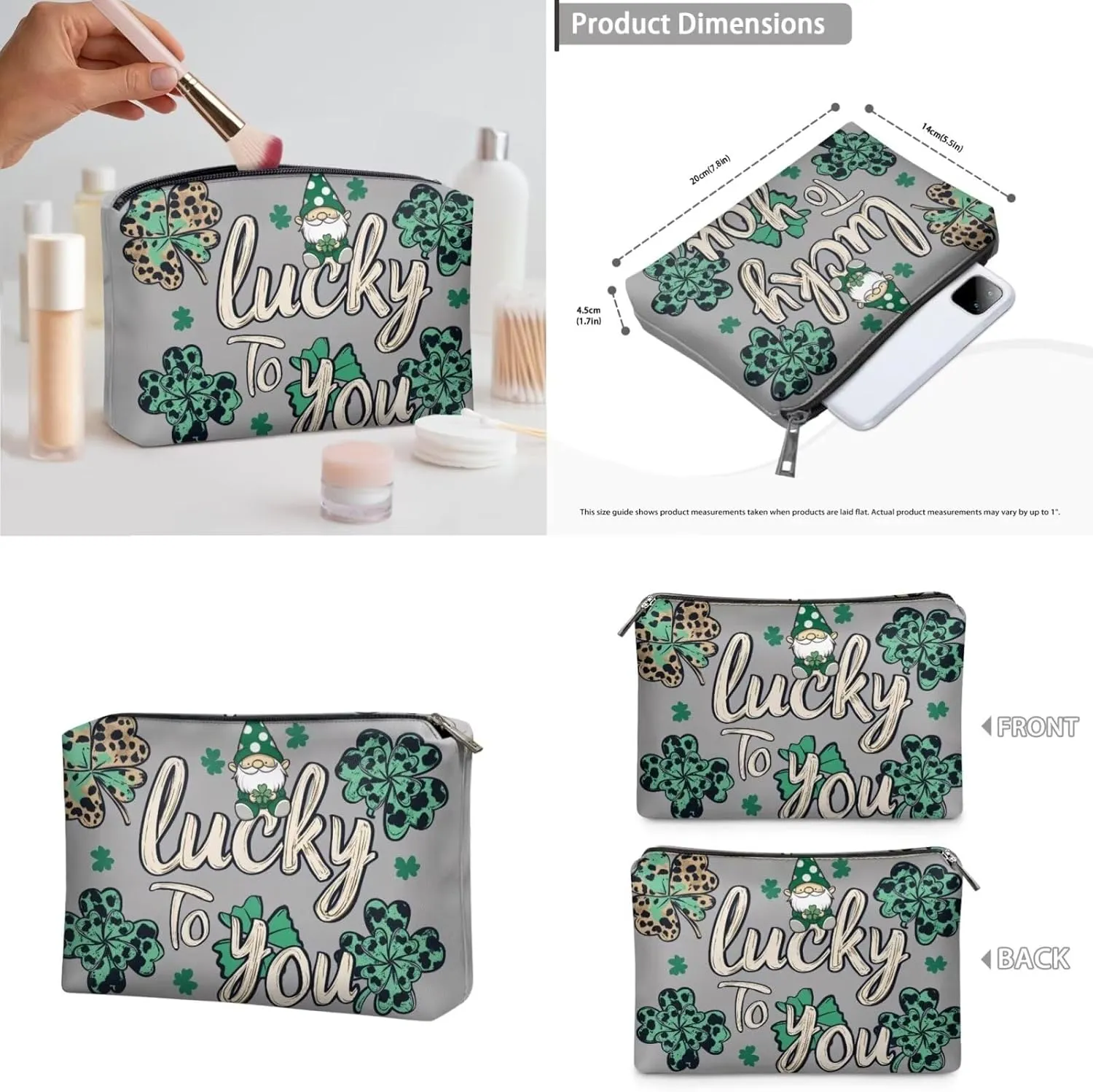 COEQINE 3 Pieces Makeup Train Case Green Lucky Gray Large Makeup Bag Set for Women Travel Double Layer Large Makeup Bag Zipper Pouch Travel Cosmetic Bag Organizer Women Waterproof Purse