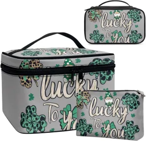 COEQINE 3 Pieces Makeup Train Case Green Lucky Gray Large Makeup Bag Set for Women Travel Double Layer Large Makeup Bag Zipper Pouch Travel Cosmetic Bag Organizer Women Waterproof Purse