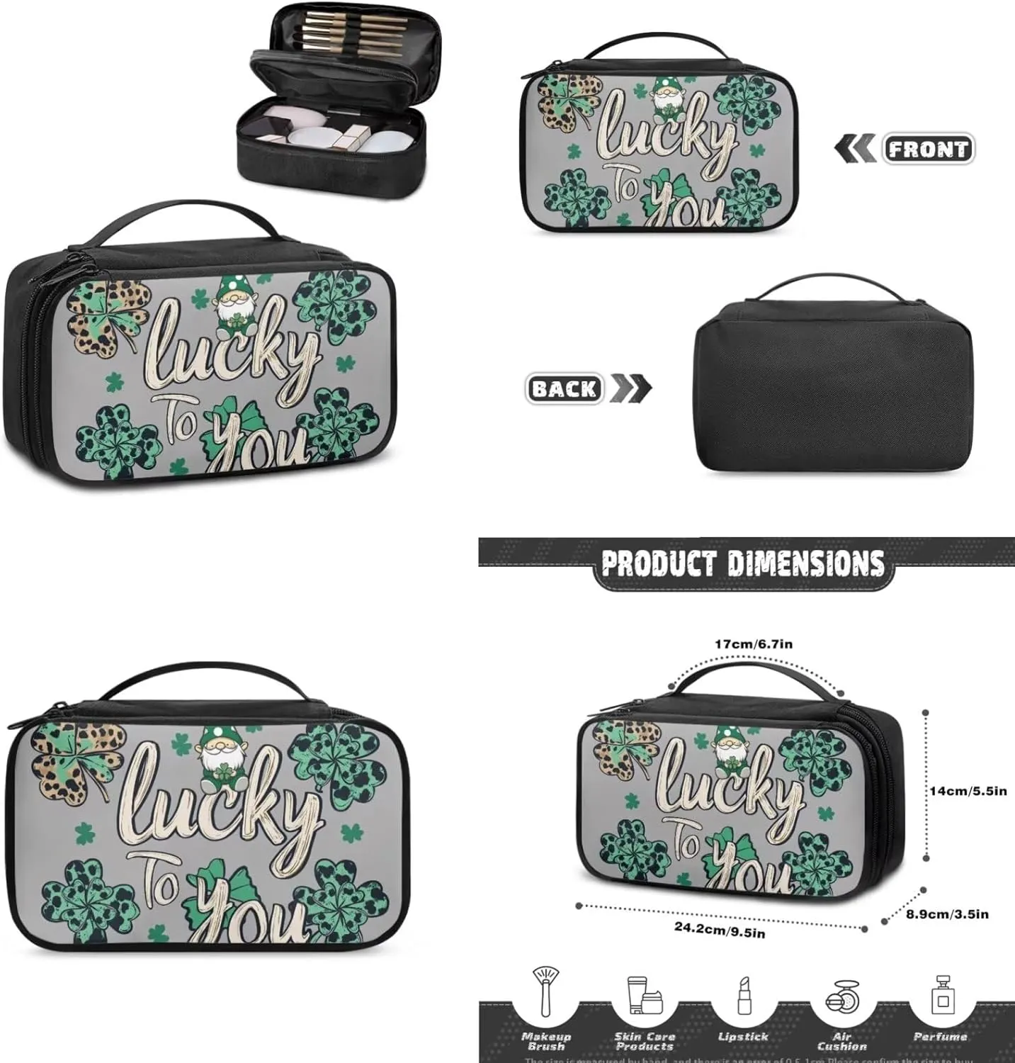 COEQINE 3 Pieces Makeup Train Case Green Lucky Gray Large Makeup Bag Set for Women Travel Double Layer Large Makeup Bag Zipper Pouch Travel Cosmetic Bag Organizer Women Waterproof Purse