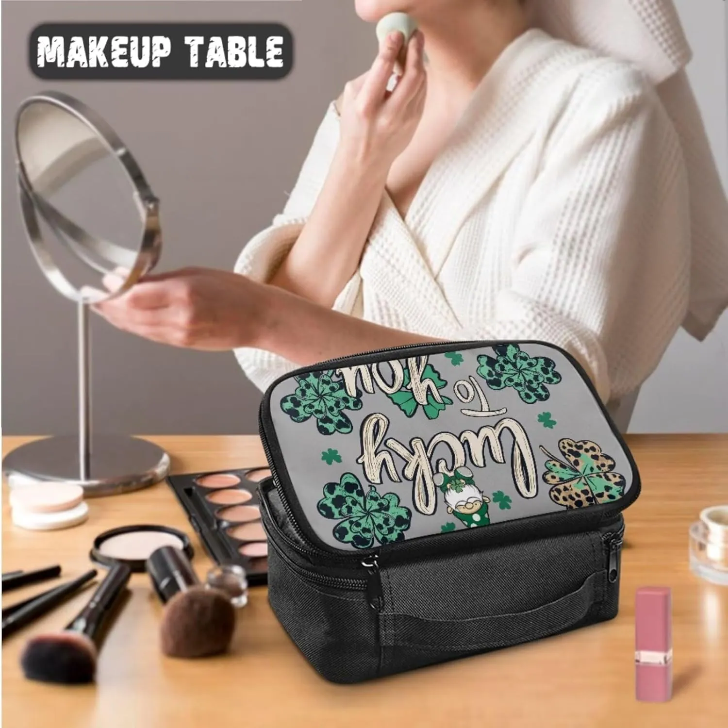 COEQINE 3 Pieces Makeup Train Case Green Lucky Gray Large Makeup Bag Set for Women Travel Double Layer Large Makeup Bag Zipper Pouch Travel Cosmetic Bag Organizer Women Waterproof Purse
