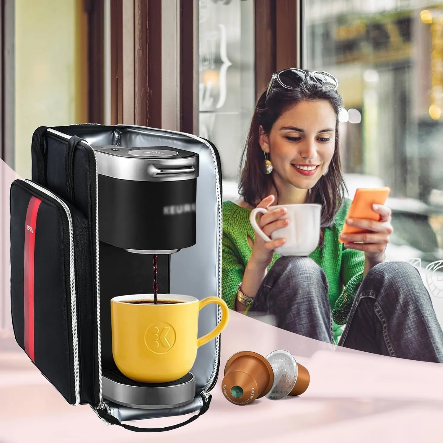 Coffee Maker Travel Bag Compatible with Keurig K-Mini,Single Serve Coffee Brewer Carrying Case Compatible for K-Mini Plus with Multiple Pockets for K-Cup Pods(Bag Only)