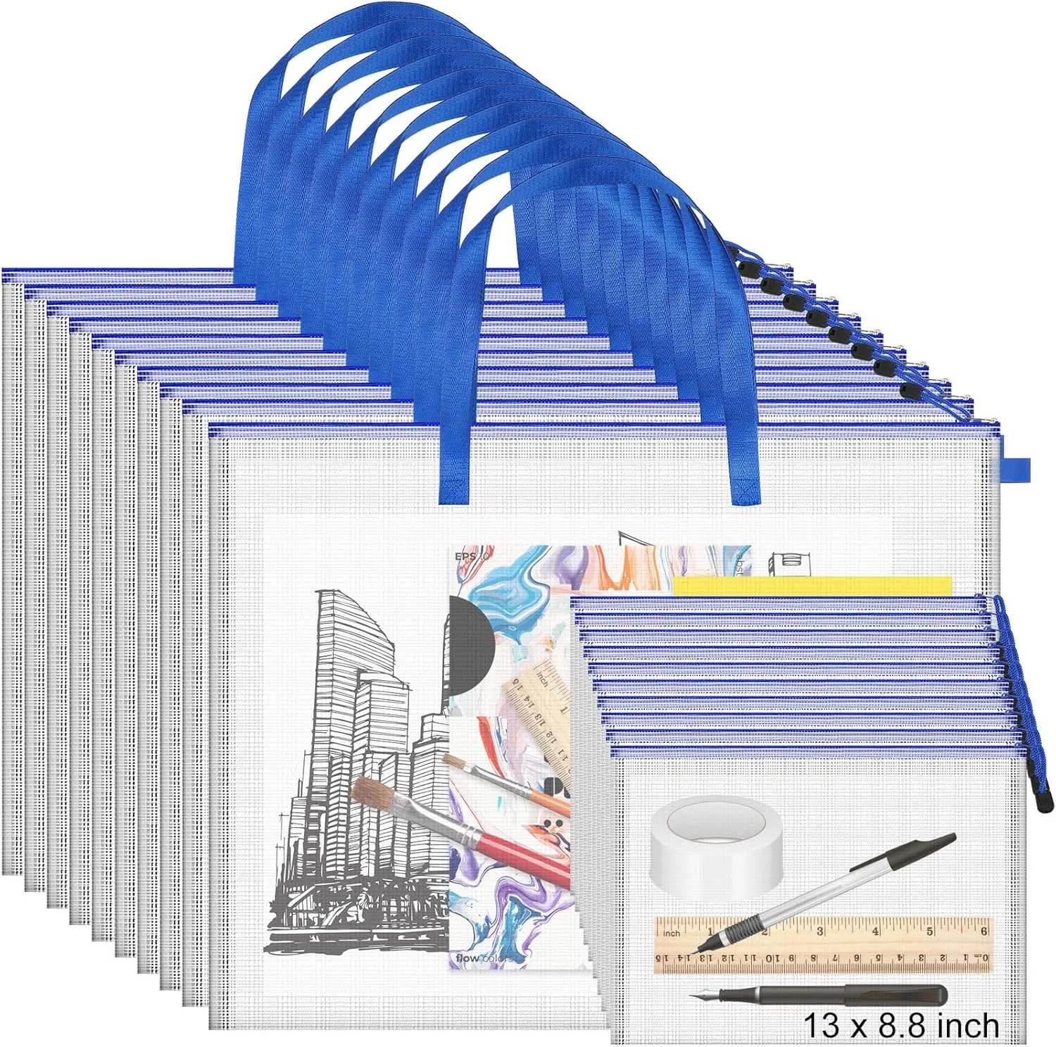 Colarr 20 Pcs Art Portfolio Bag Bulk Include 10 Pcs 19 x 25 Waterproof Poster Storage with Zipper Handle for Artwork 10 Pcs 13 x 8.8 Transparent Pencil for Bulletin Board Painting