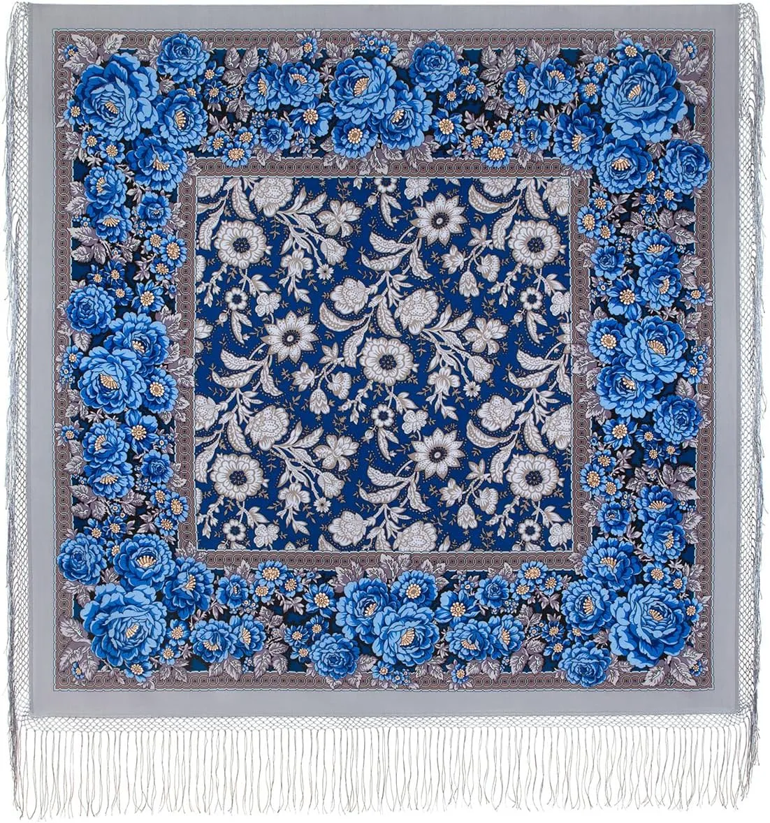 Collectible Exclusive Russian Shawl 100% Wool 58x58 inches Pashmina Scarf 148x148 cm Huge Square Wrap Silk Tassels Fringe Pavlovoposadskiy Platok 1977-1, Large