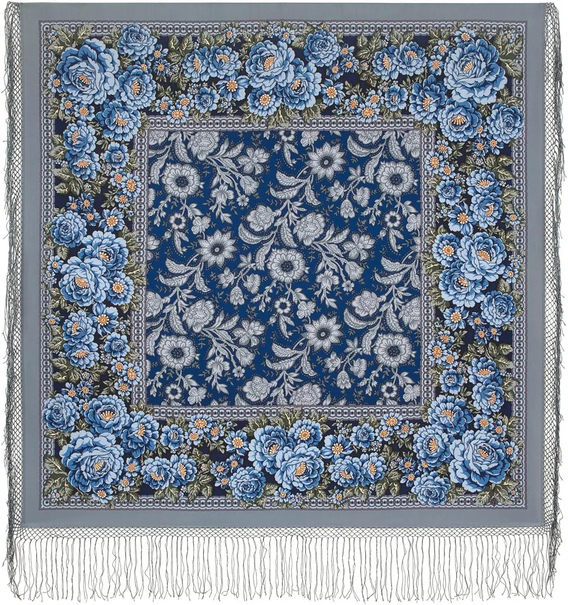 Collectible Exclusive Russian Shawl 100% Wool 58x58 inches Pashmina Scarf 148x148 cm Huge Square Wrap Silk Tassels Fringe Pavlovoposadskiy Platok 1977-12