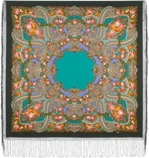 Collectible Exclusive Russian Shawl 100% Wool 58x58 inches Pashmina Scarf 148x148 cm Huge Square Wrap Silk Tassels Fringe Pavlovoposadskiy Platok Heavenly 391-10