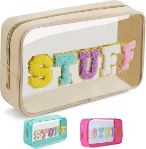 College Style Chenille Patch Zipper Transparent Makeup Bag, Portable Beach Travel Skin Care Cosmetic Bag,Nylon& PVC Waterproof Toiletry Organizer Storage for Women(STUFF - Rose) (STUFF-Beige)