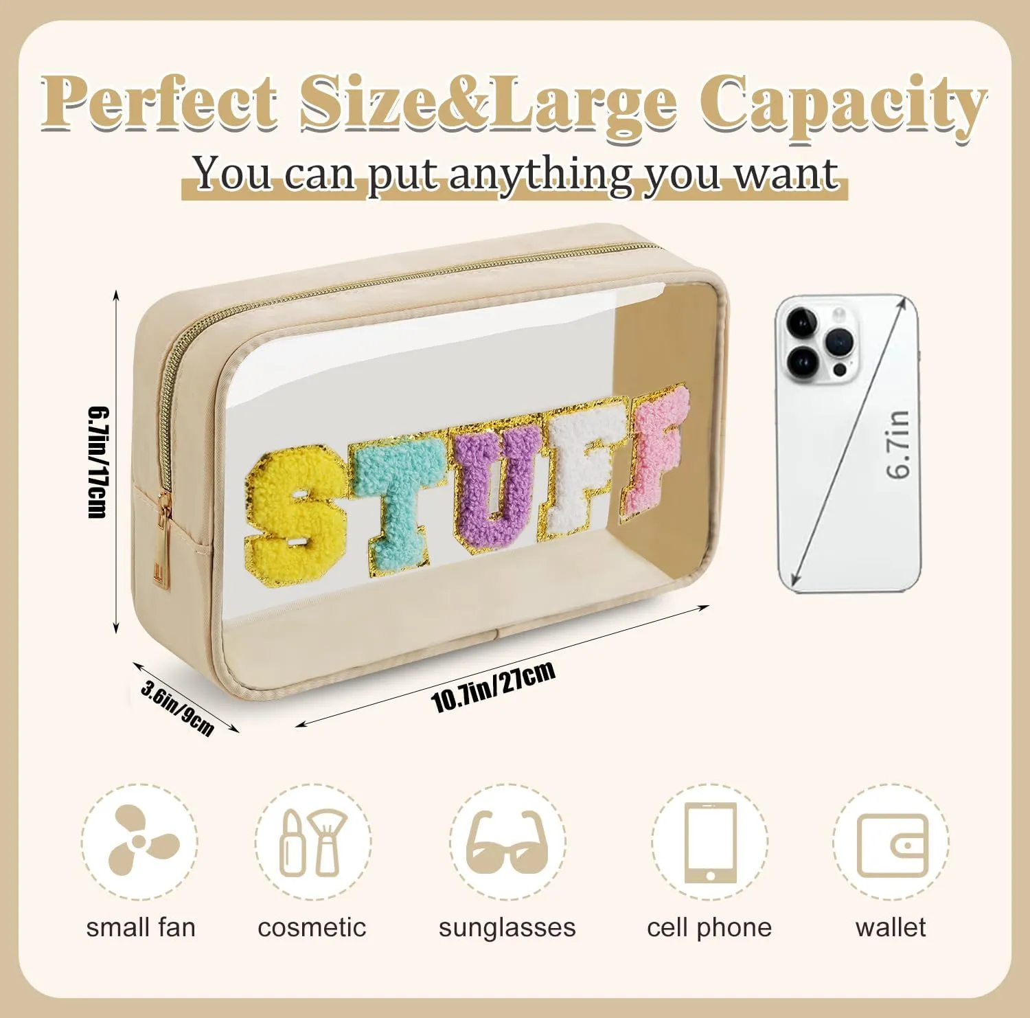 College Style Chenille Patch Zipper Transparent Makeup Bag, Portable Beach Travel Skin Care Cosmetic Bag,Nylon& PVC Waterproof Toiletry Organizer Storage for Women(STUFF - Rose) (STUFF-Beige)