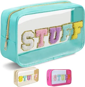 College Style Chenille Patch Zipper Transparent Makeup Bag, Portable Beach Travel Skin Care Cosmetic Bag,Nylon& PVC Waterproof Toiletry Organizer Storage for Women(STUFF - Rose) (STUFF-Green)