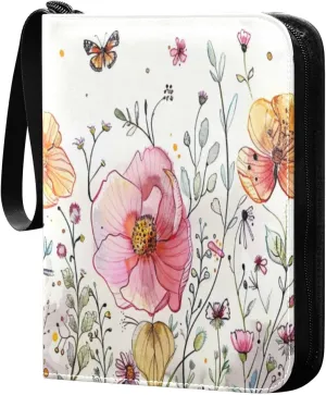 Colorful Botanical Card Binder 4-Pocket, 400 Pockets PU Waterproof Zippered Collector Card Album with 50 Removable Sleeves for Trading, Game Cards