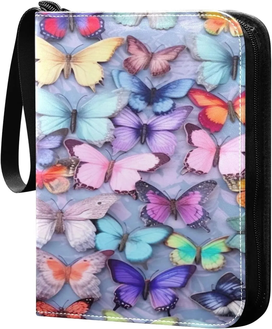 Colorful Butterflies Card Binder 4-Pocket, 400 Pockets PU Waterproof Zippered Collector Card Album with 50 Removable Sleeves for Trading, Game Cards