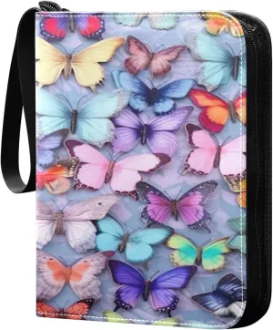 Colorful Butterflies Card Binder 4-Pocket, 400 Pockets PU Waterproof Zippered Collector Card Album with 50 Removable Sleeves for Trading, Game Cards