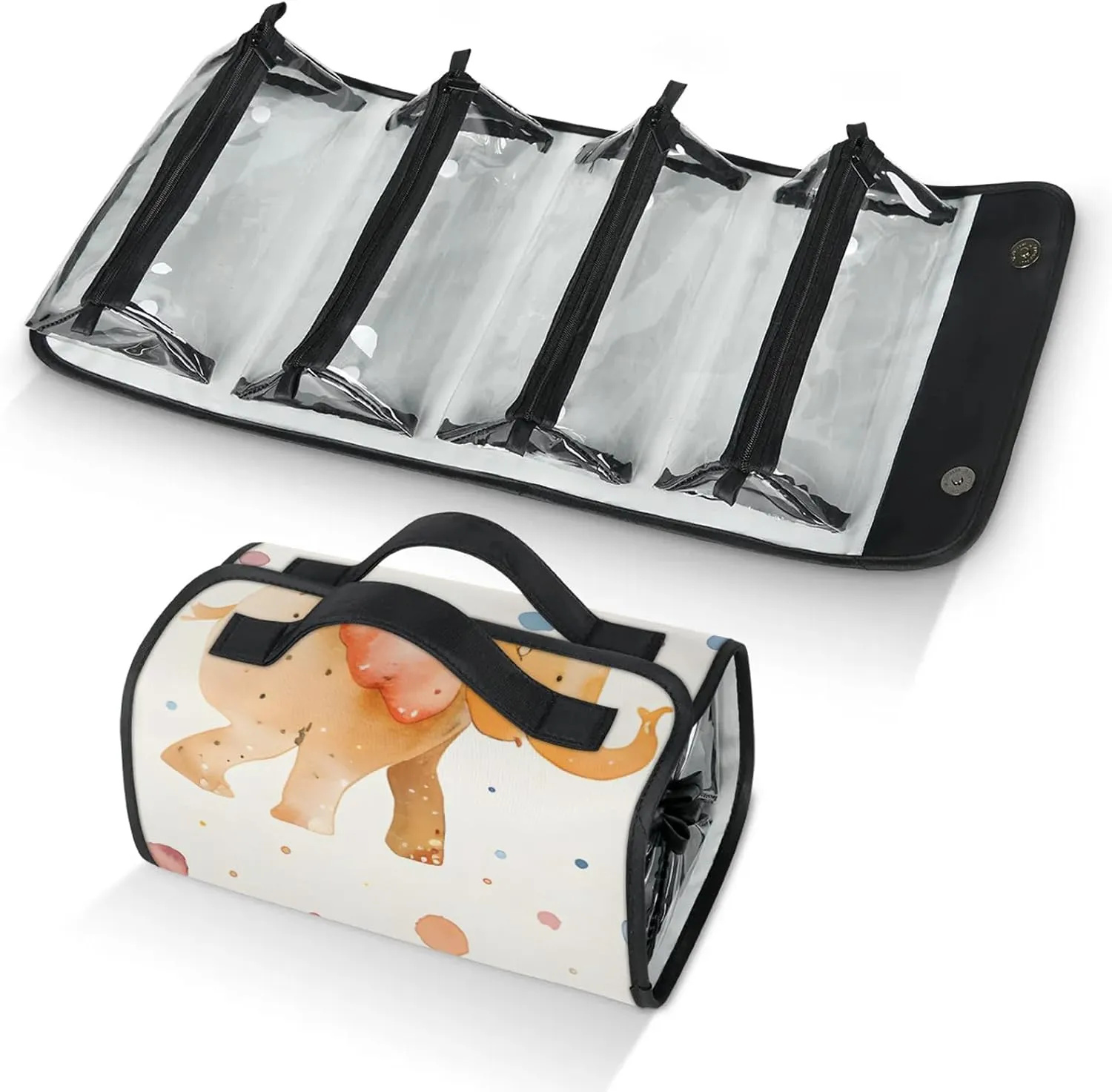 Colorful Elephant Travel Toiletry Bag for Women, 4 in 1 Roll Up Makeup Cosmetic Bag With 4 Removable PVC Zipper Pouch