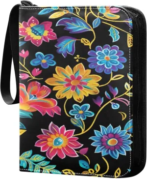 Colorful Floral Pattern Card Binder 4-Pocket, 400 Pockets PU Waterproof Zippered Collector Card Album with 50 Removable Sleeves for Trading, Game Cards