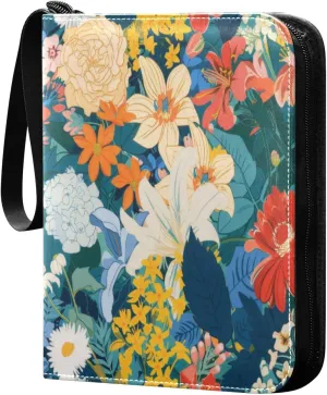 Colorful Flowers Card Binder 4-Pocket, 400 Pockets PU Waterproof Zippered Collector Card Album with 50 Removable Sleeves for Trading, Game Cards