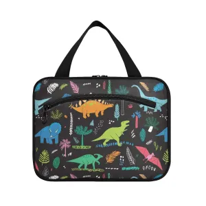 Colorful Funny Dinosaurs with Forest Palm Leaves on Black 1 PC Hanging Travel Wash bag with Handles, Portable Makeup Organizer Brush Storage Case Portable Travel Cosmetic with Hook M