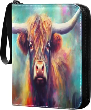 Colorful Highland Cow Card Binder 4-Pocket, 400 Pockets PU Waterproof Zippered Collector Card Album with 50 Removable Sleeves for Trading, Game Cards